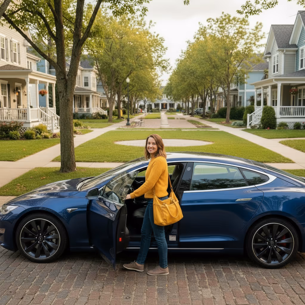 Smiling woman stepping into the driver's seat of a blue Tesla.