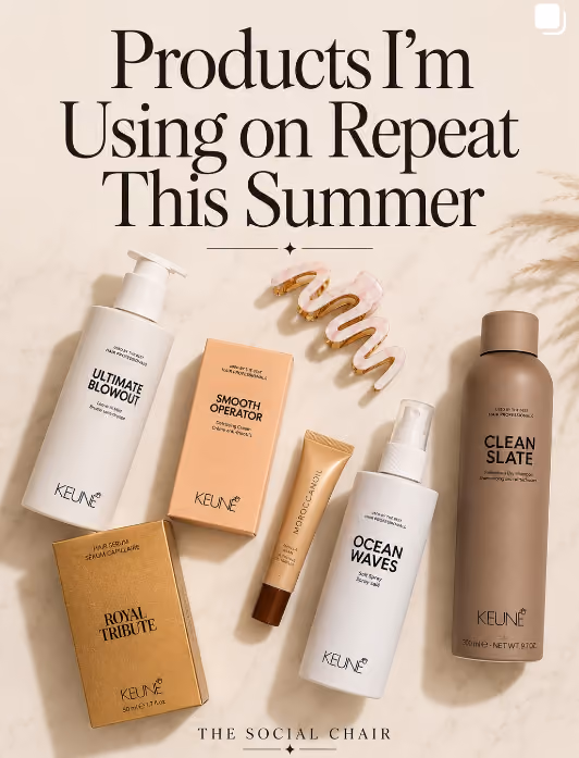 Flat lay of Keune haircare products used at The Social Chair