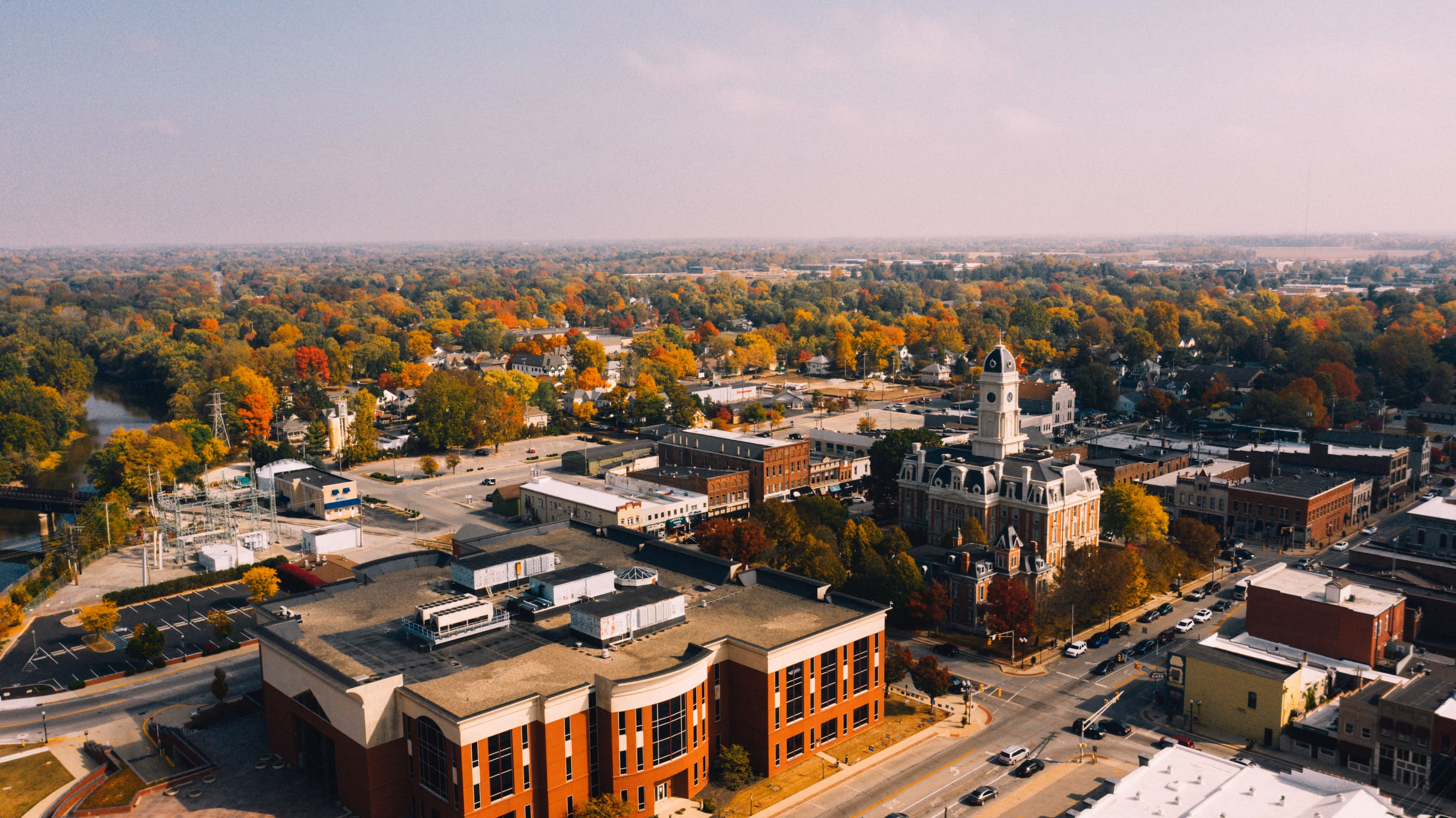 Aerial view of Murfreesboro's town square and historic courthouse in autumn