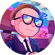 Cartoon-style character wearing glasses and a suit with arms crossed, with a colorful abstract background.