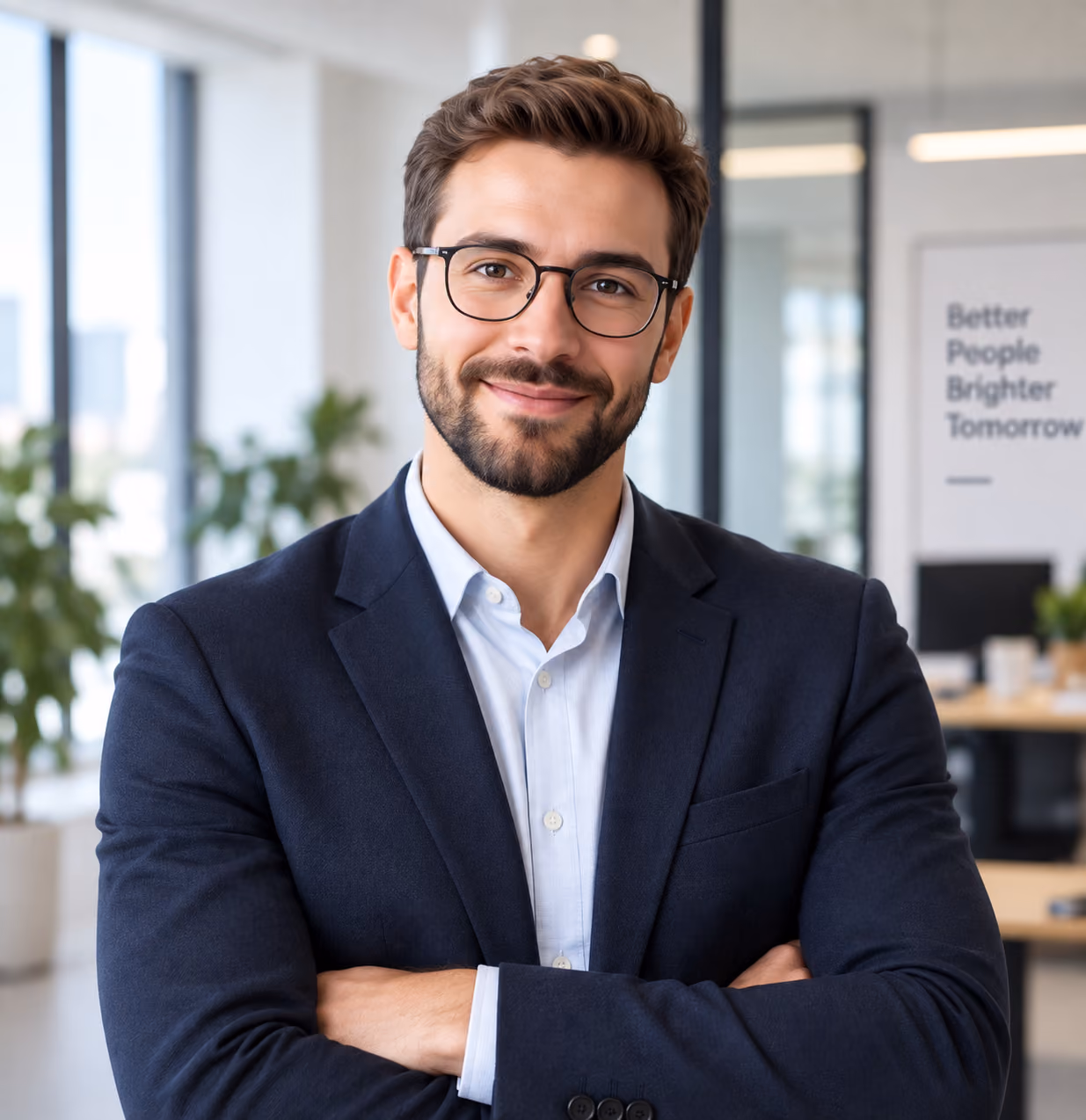 Homme souriant portant des lunettes, veste bleu marine et chemise blanche, bras croisés, dans un bureau moderne avec plantes et panneau « Better People Brighter Tomorrow » en arrière-plan.