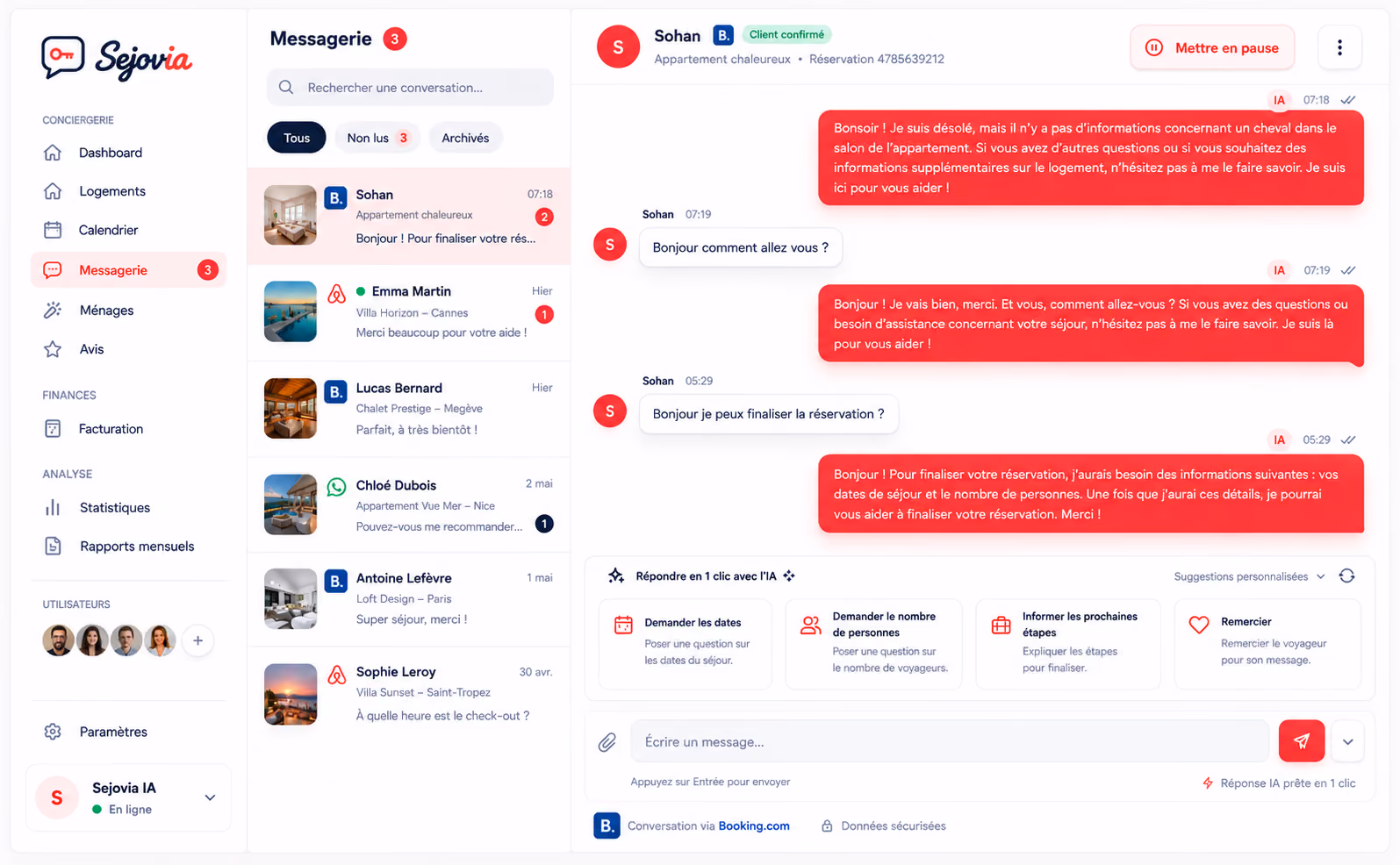 Capture d'écran d'une interface de messagerie pour une application de réservation d'hébergement, montrant une conversation entre un utilisateur nommé Sohan et une assistance IA appelée Sejovia. La messagerie affiche plusieurs conversations listées à gauche avec des images de profils, notifications et options de filtre. La conversation principale avec l'IA contient des messages en rouge expliquant des informations sur la réservation d'un appartement, avec des questions sur le séjour et le nombre de personnes. En bas, il y a des options pour demander les dates, le nombre de personnes, informer des étapes suivantes et remercier, ainsi qu'un champ pour écrire un message. L'interface est organisée avec un menu latéral à gauche pour accéder à différentes sections comme Dashboard, Logements, Calendrier, Facturation, et Statistiques.