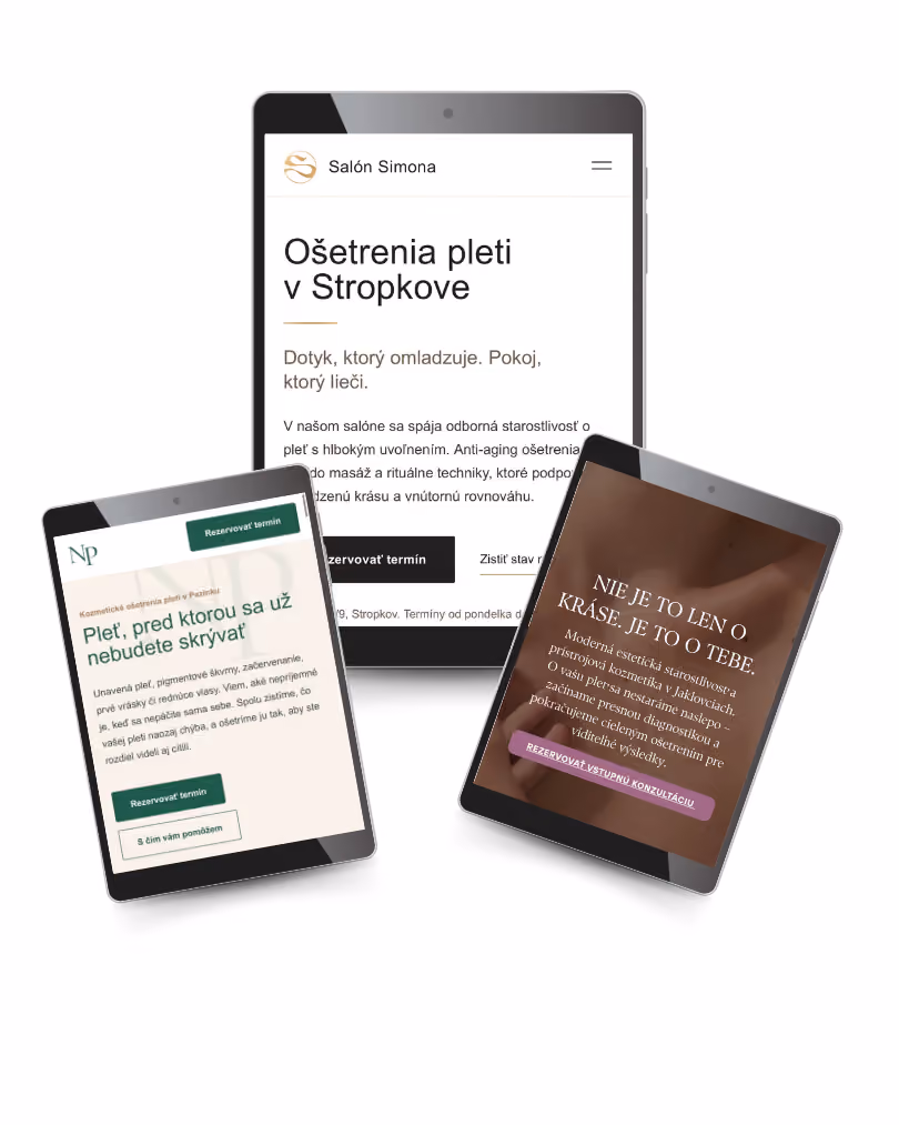 Tri tablety zobrazujúce webové stránky Salónu Simona so zameraním na ošetrenia pleti v Stropkove, rezerváciu termínov a estetickú starostlivosť.