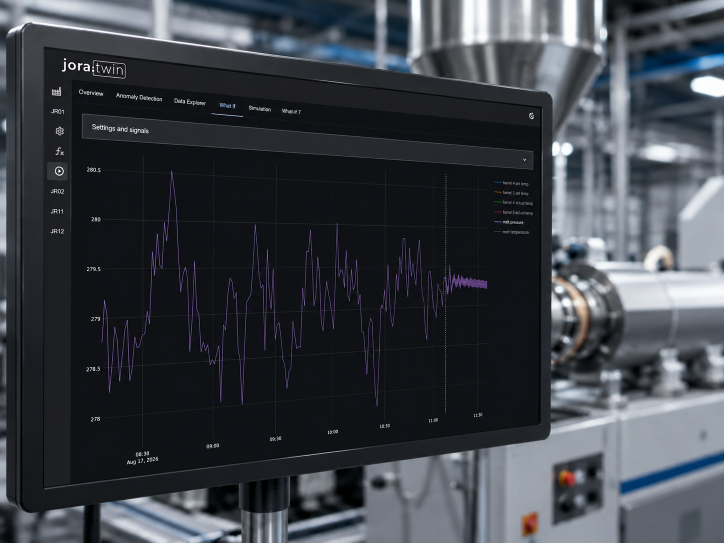 jora.twin process interface displayed beside an industrial extrusion line