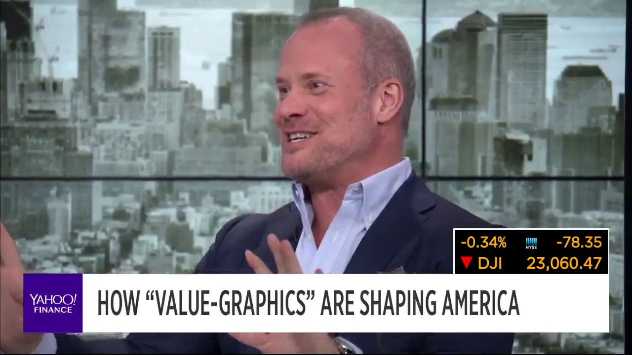 David Allison on the Yahoo Finance set, talking with the two hosts about his book We Are All the Same Age Now