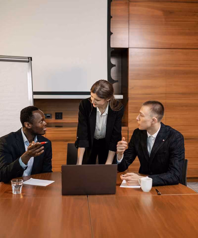 Three business professionals discuss about business