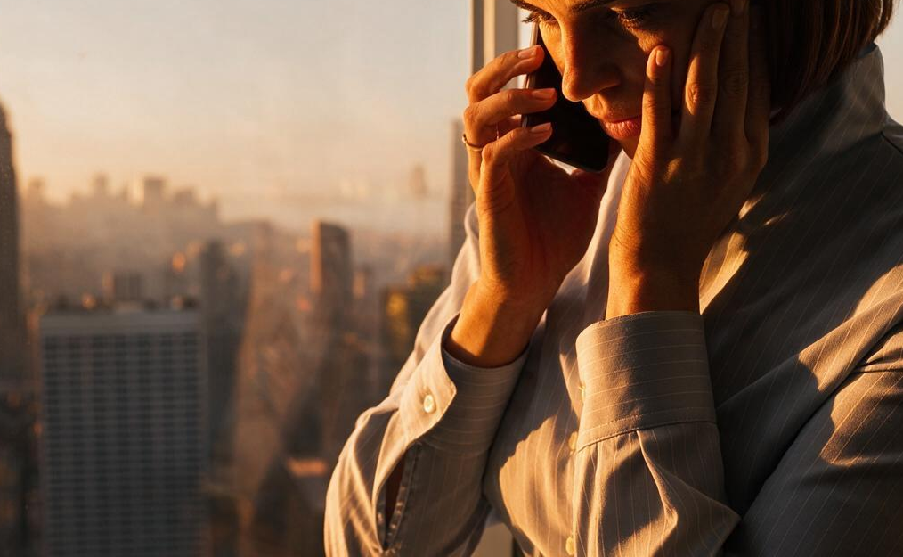 Person taking a phone call with a hand to their head, city skyline at sunset behind