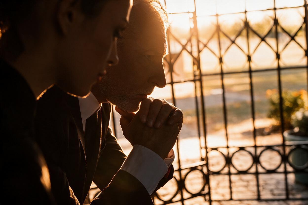 Two people leaning together at an iron railing at sunset