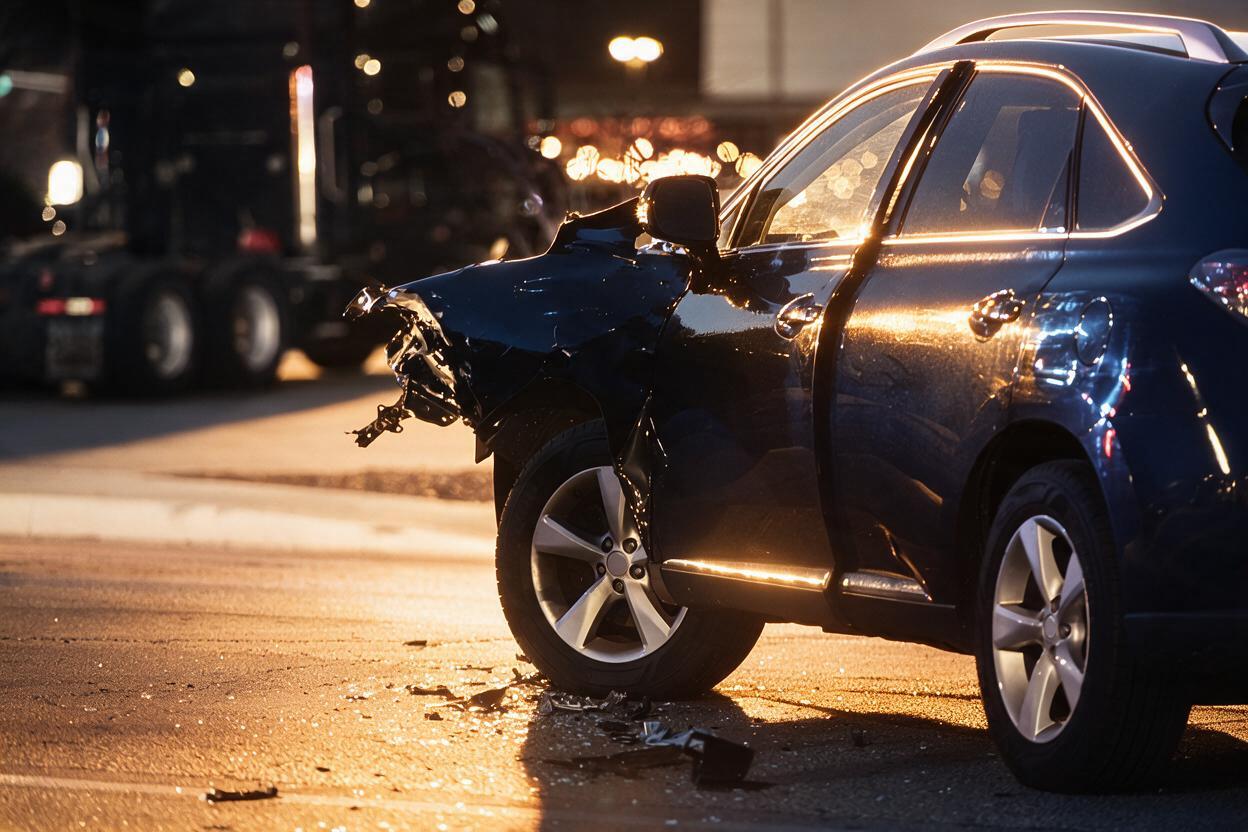 Damaged car after a collision on a city street at dusk