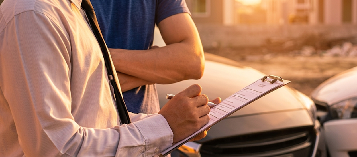 Insurance adjuster with a clipboard speaking with a driver beside a car