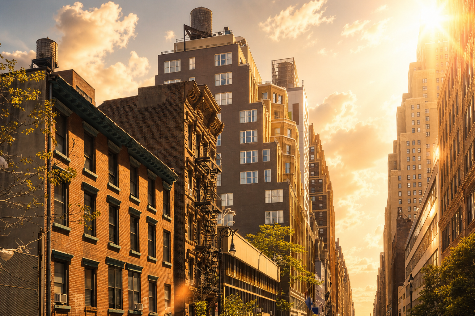 Sunlit New York apartment buildings with rooftop water towers