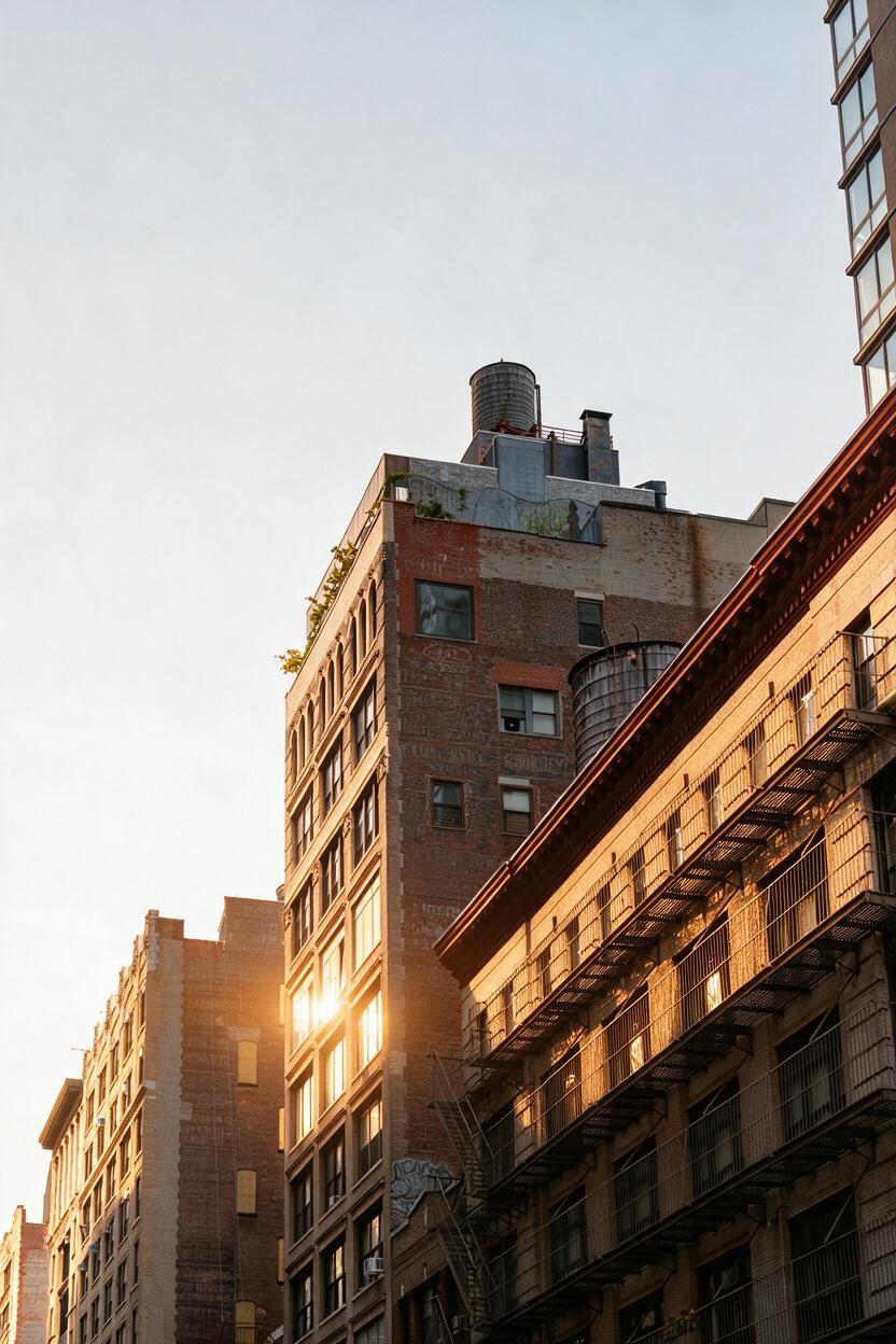 Sunlight on brick New York buildings with a rooftop water tower