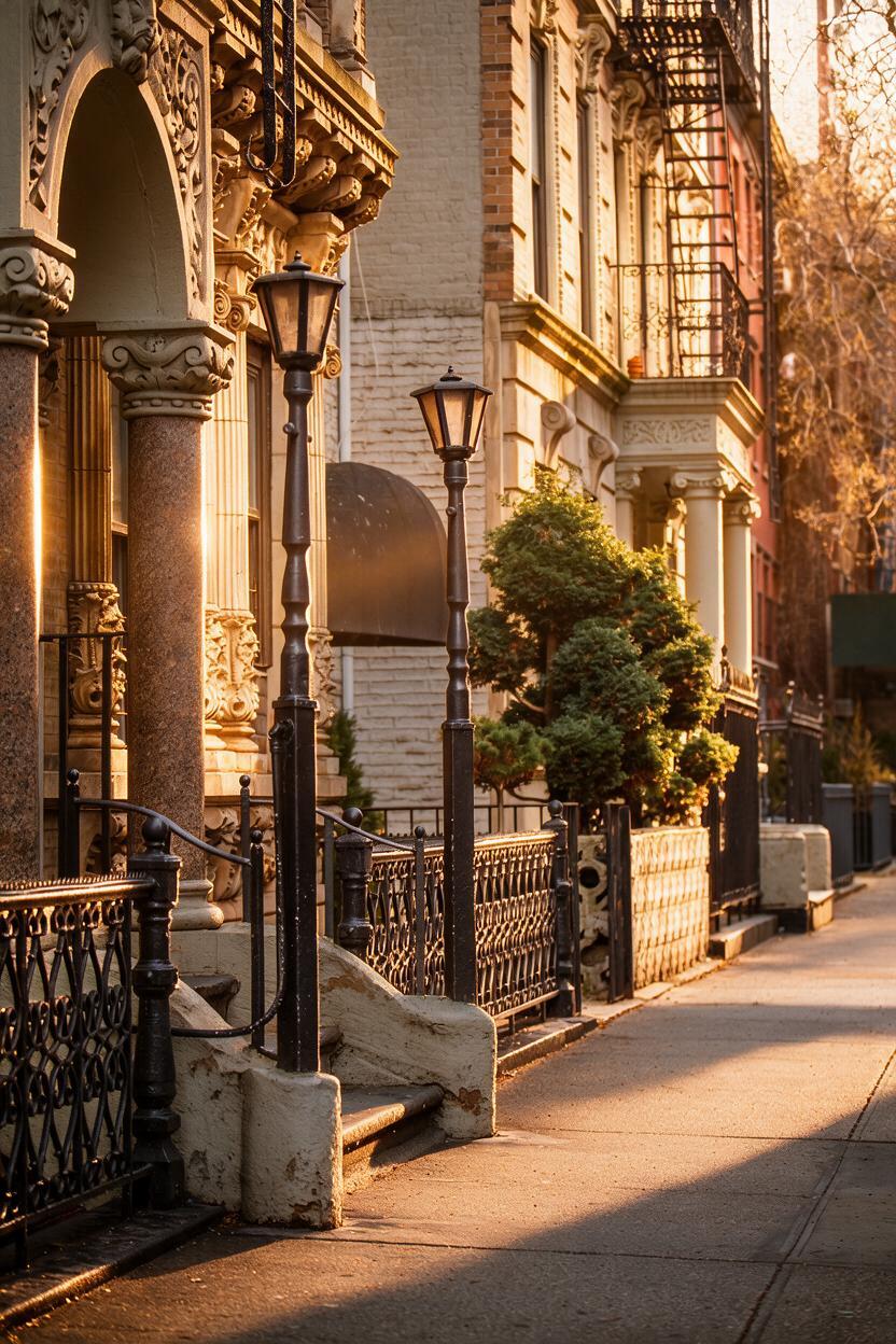 Brownstone entrance with lampposts and iron railings in warm evening light