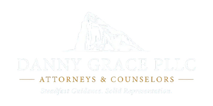 Logo for Danny Grace PLLC featuring a stylized triangular mountain or peak above the firm name, with the tagline 'Attorneys & Counselors' and a secondary tagline 'Steadfast Guidance. Solid Representation.' beneath.