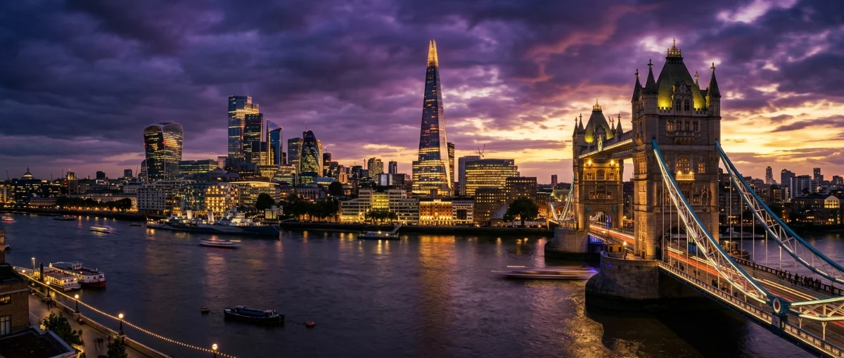 The London skyline at dusk with Tower Bridge and the Shard