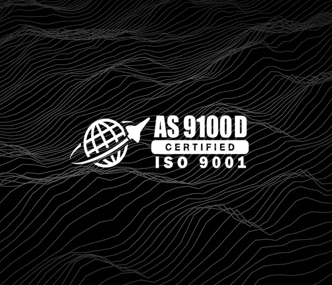 AS 9100D and ISO 9001 certified logo with a globe and airplane design on a black background with line patterns.