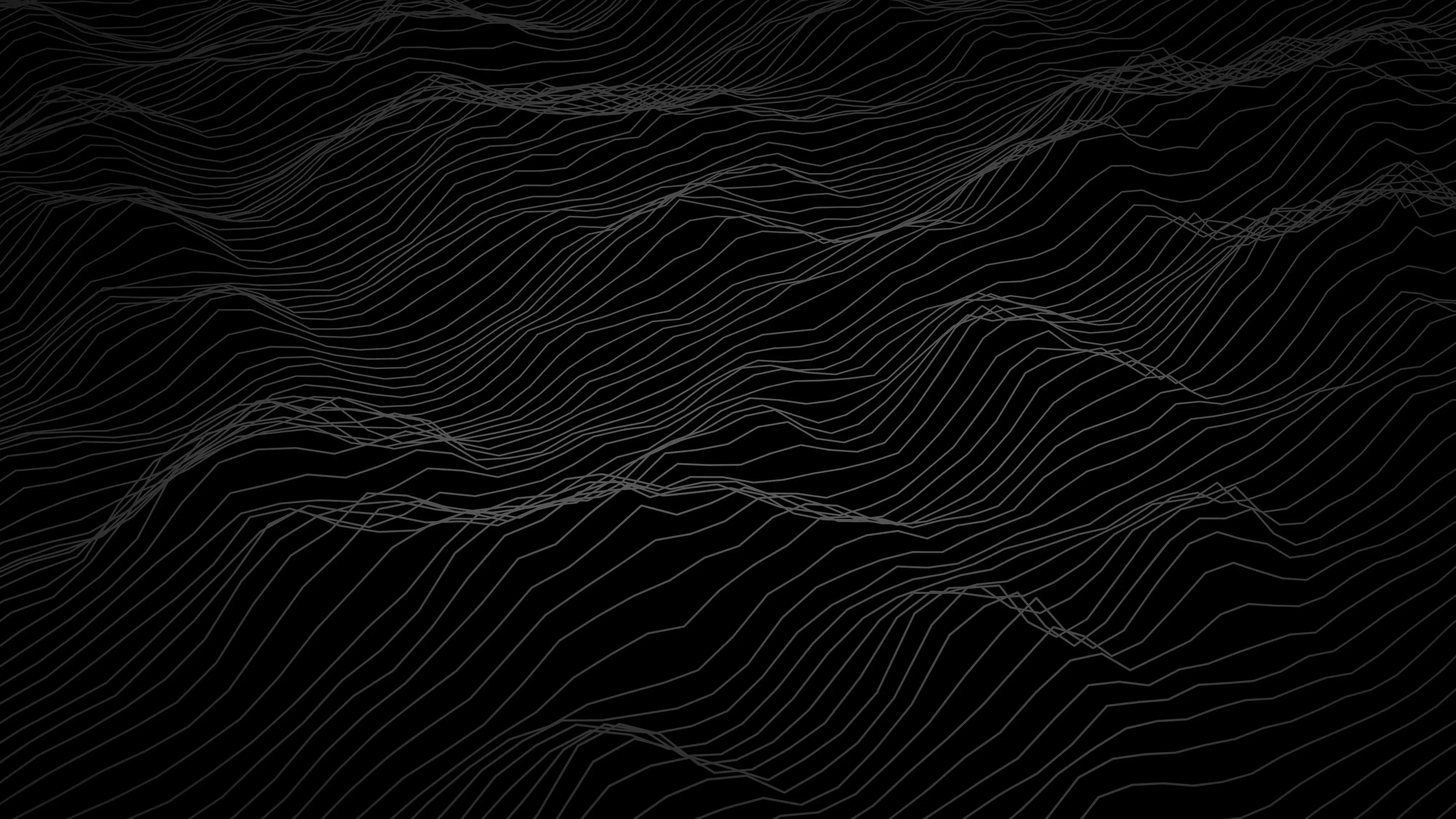 Abstract black background with thin, wavy, intersecting gray lines forming a topographic or wave pattern.