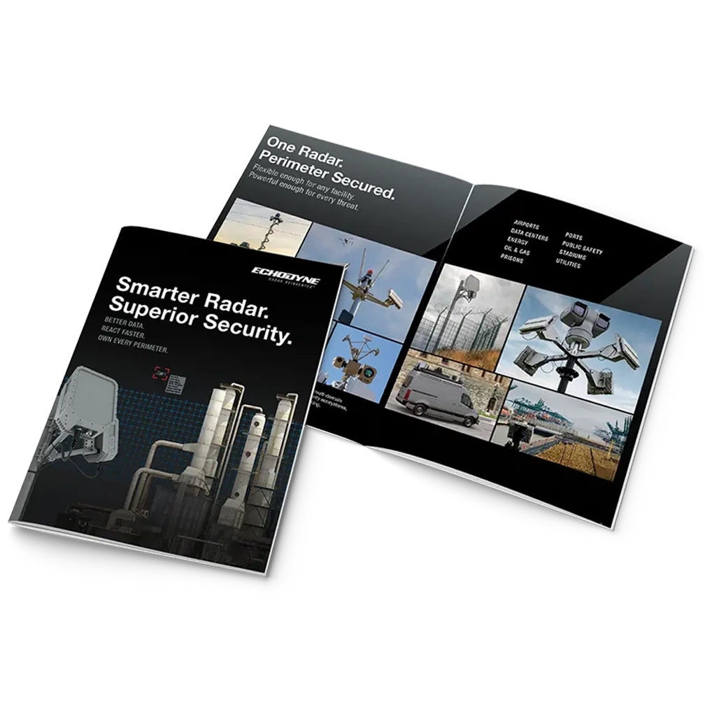 Brochure mockup titled 'Smarter Radar. Superior Security.' showing radar equipment and industrial facility images, with inside panels featuring security cameras, a perimeter fence, and a list of facility types like airports and prisons.