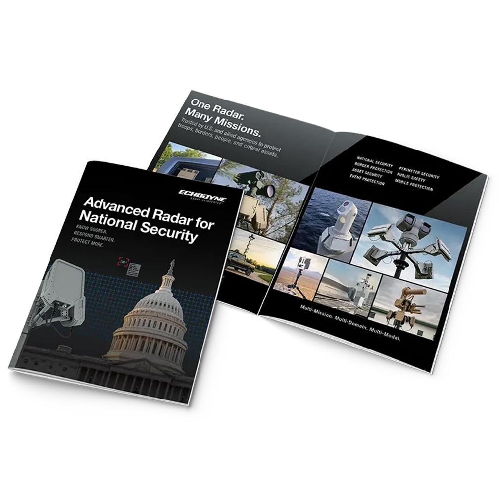 Brochure titled 'Advanced Radar for National Security' showing the U.S. Capitol dome, radar equipment, and images of various radar and security devices for multi-mission protection.