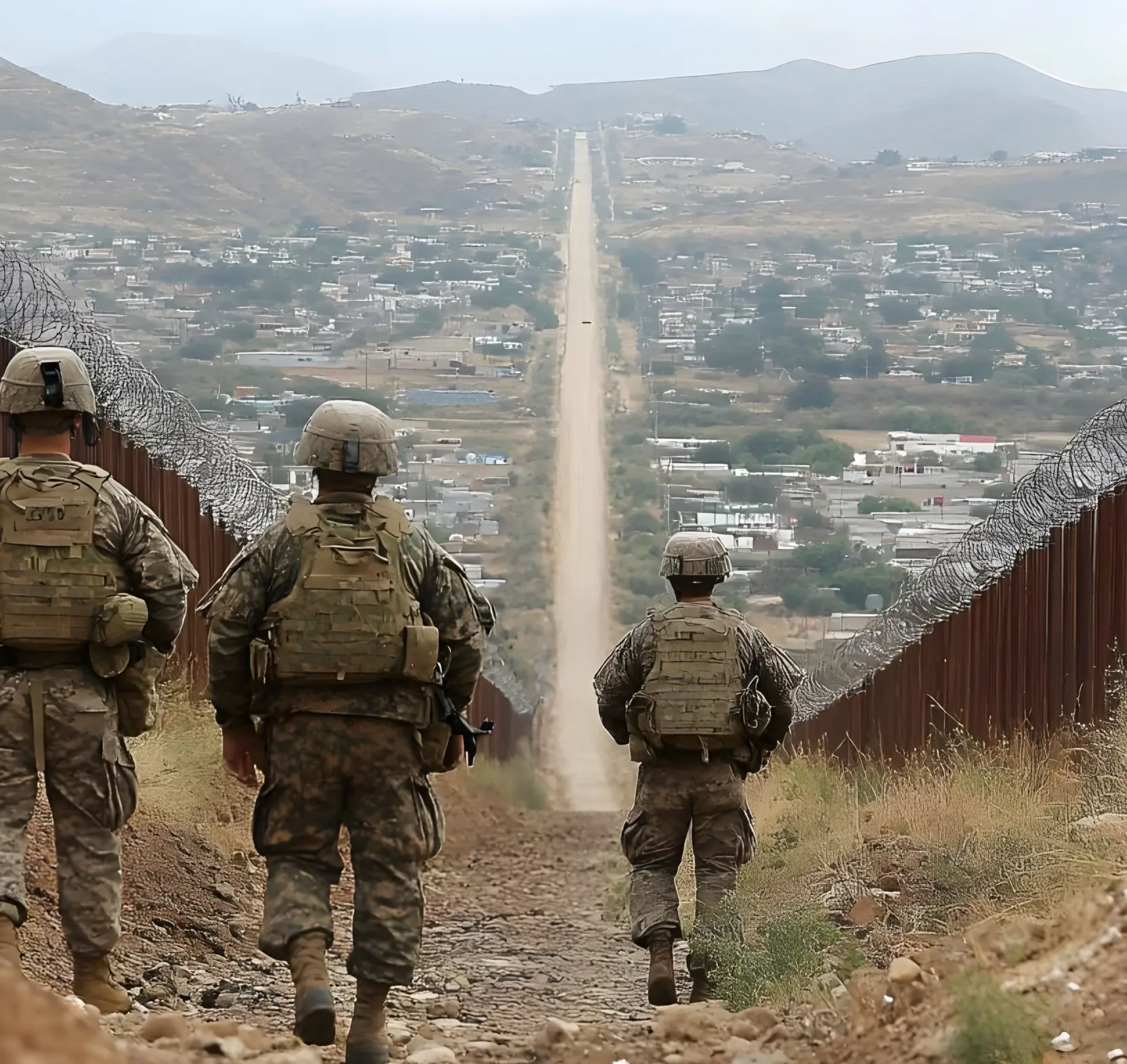 Three soldiers walking along a dirt path beside a border fence with barbed wire, overlooking distant buildings.