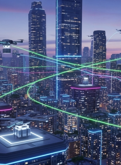 Cityscape at dusk with drones flying along neon-lit paths between skyscrapers.