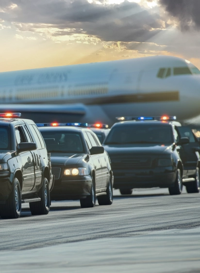 Motorcade of black vehicles with flashing lights parked on a runway near a large airplane at sunset.