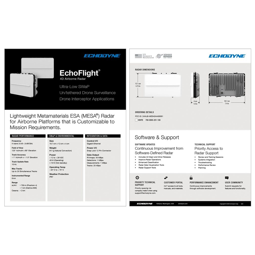 EchoFlight 4D airborne radar for drones with specs, dimensions, software updates, and support details.