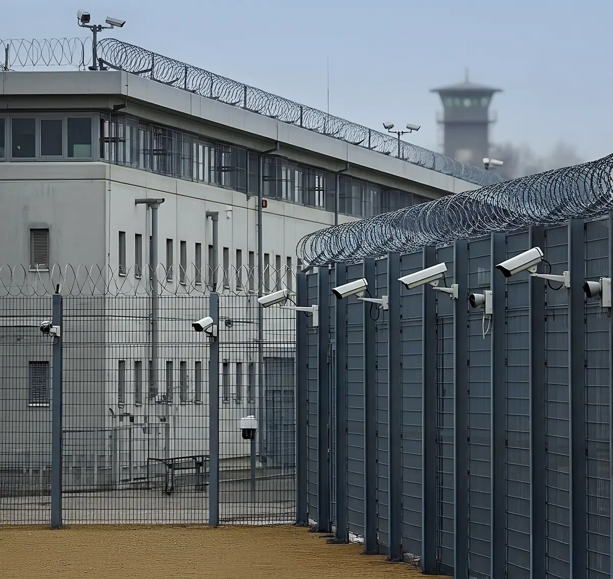 High-security prison exterior with barbed wire fences and multiple surveillance cameras.