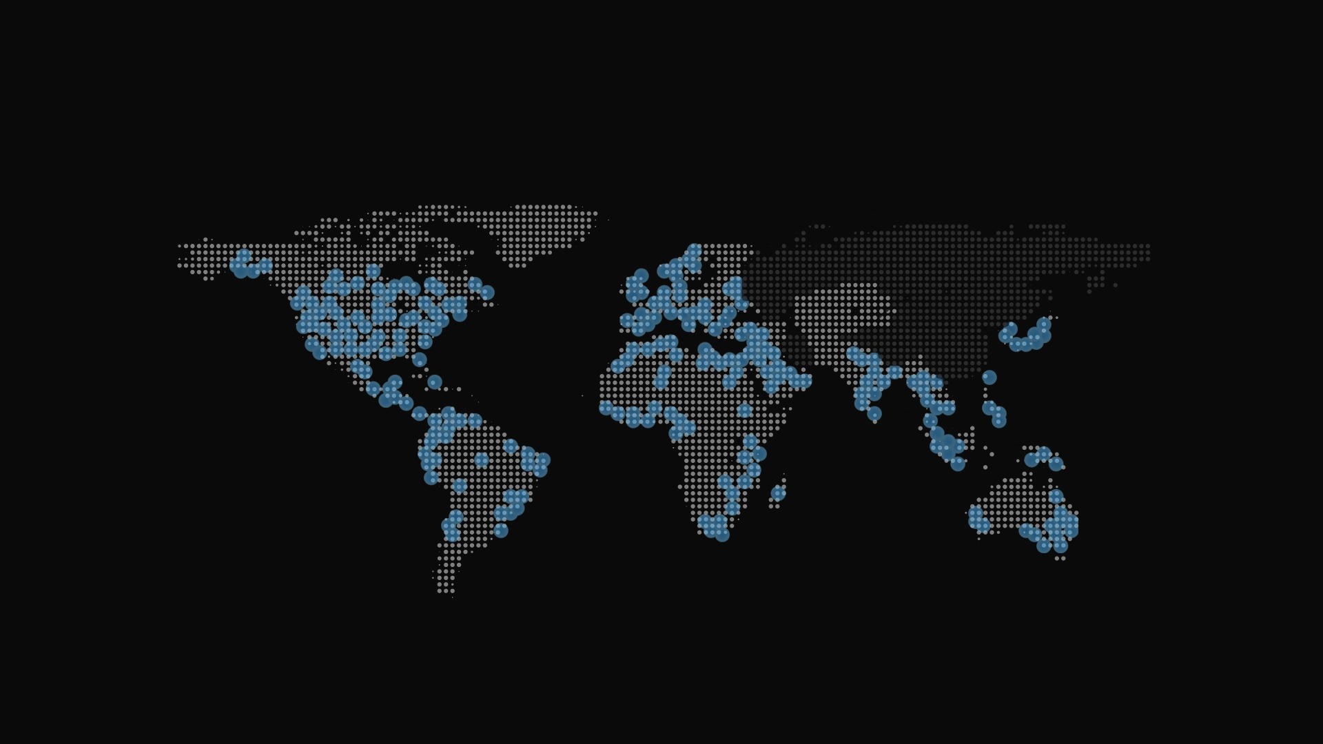 World map dotted in gray with many blue location pins across all continents.