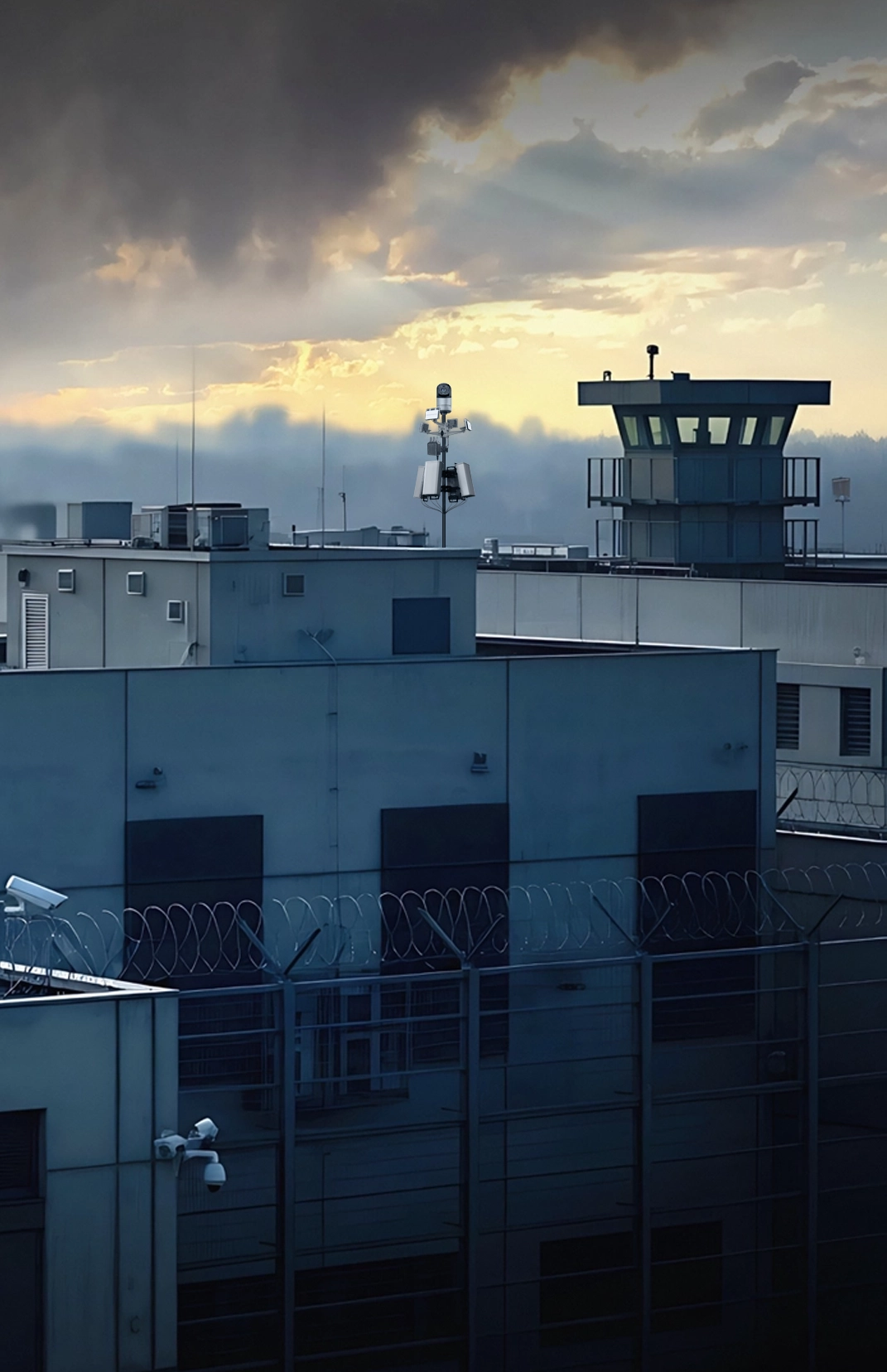 Exterior of a corrections facility with barbed wire fences and a watchtower under a cloudy sky.