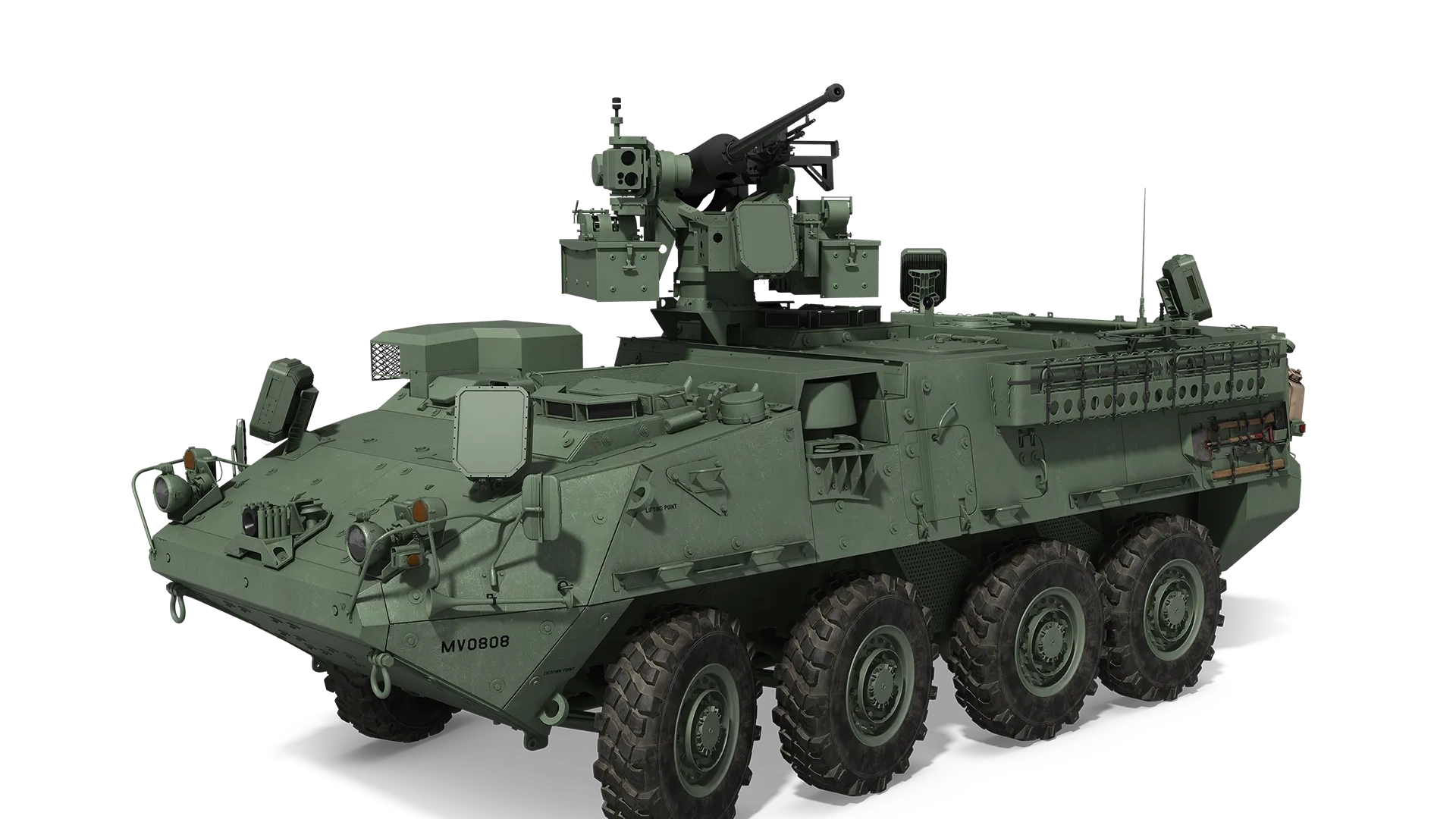 Green military armored vehicle with eight wheels and mounted gun turret.