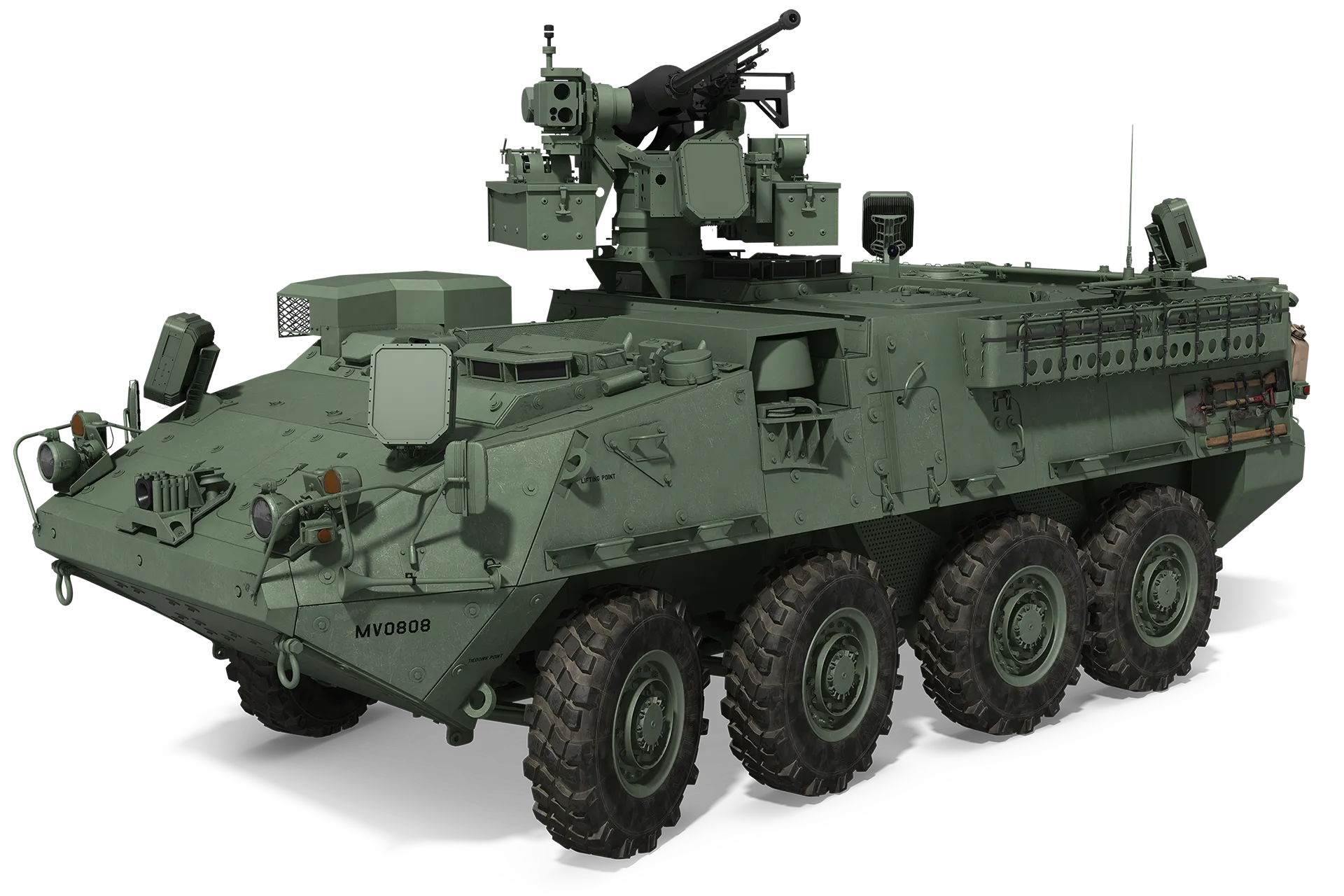 Green eight-wheeled armored military vehicle with mounted weaponry on top.