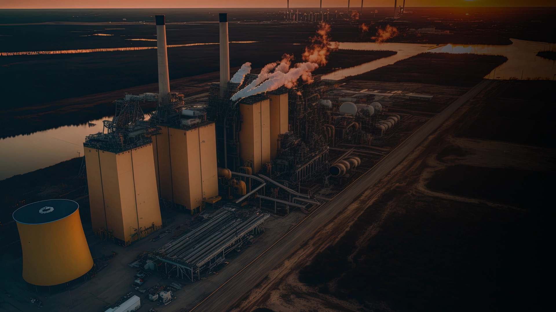 Aerial view of an industrial power plant with smoke coming from tall chimneys at sunset.