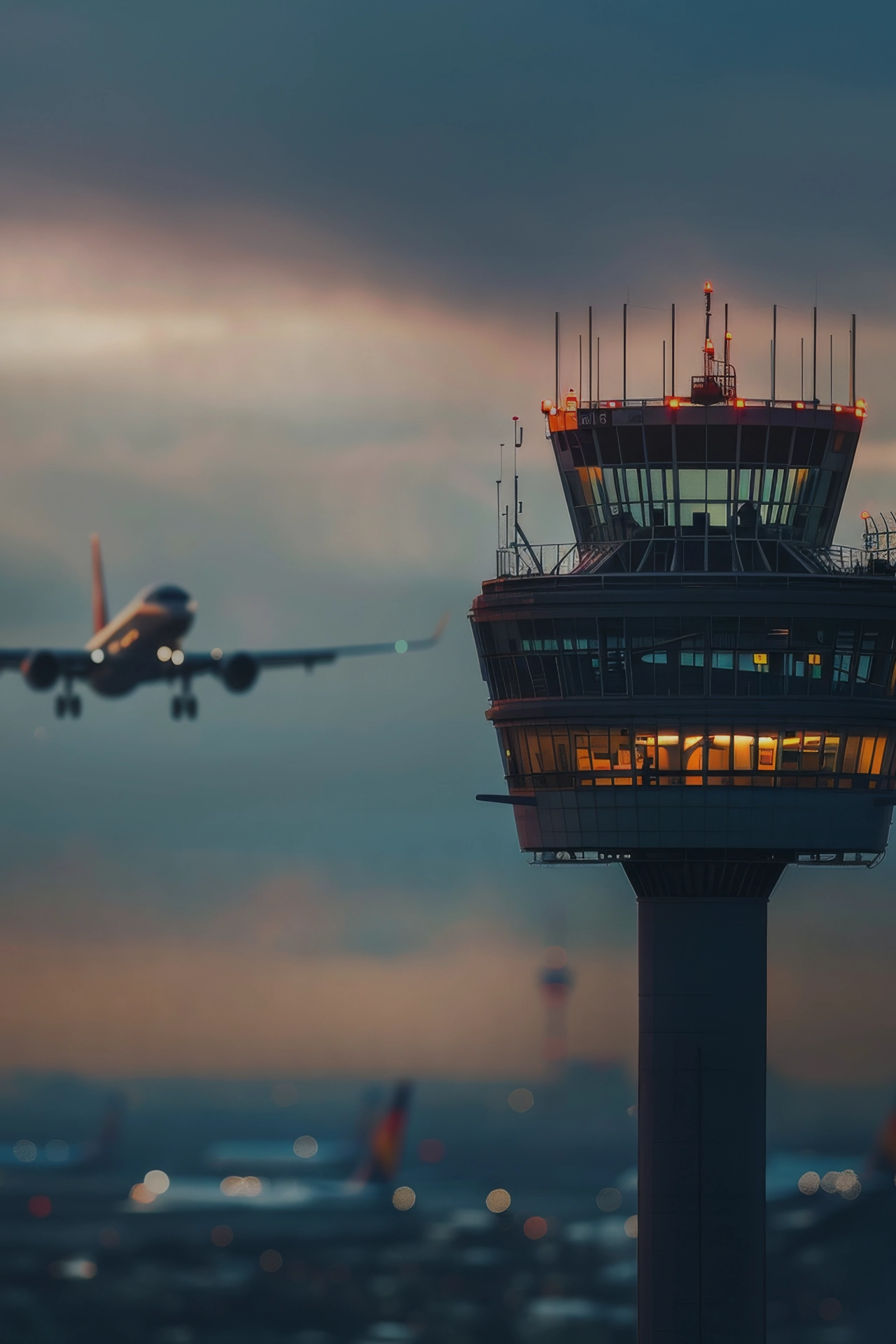 Air traffic control tower lit up at dusk with a plane approaching for landing in the background.