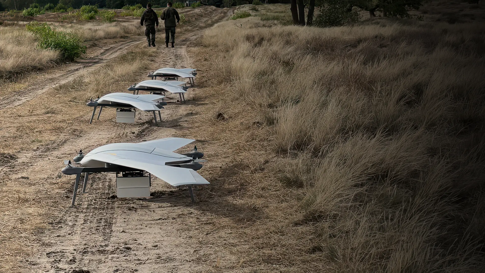 Four drone aircraft lined up on a dirt path with two people walking ahead in grassy terrain.