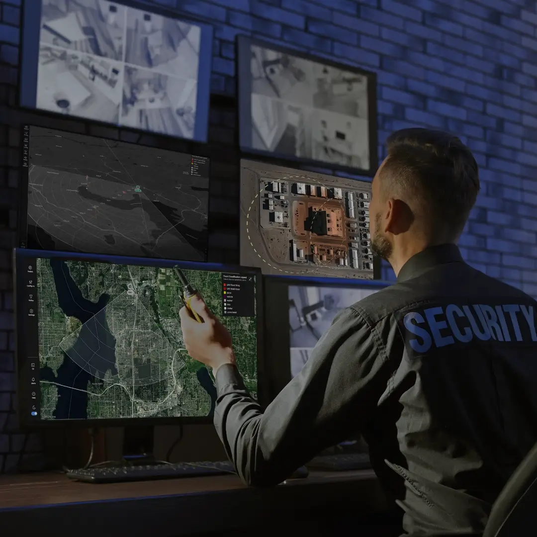 Security officer monitors multiple surveillance screens showing maps, building layouts, and camera footage.