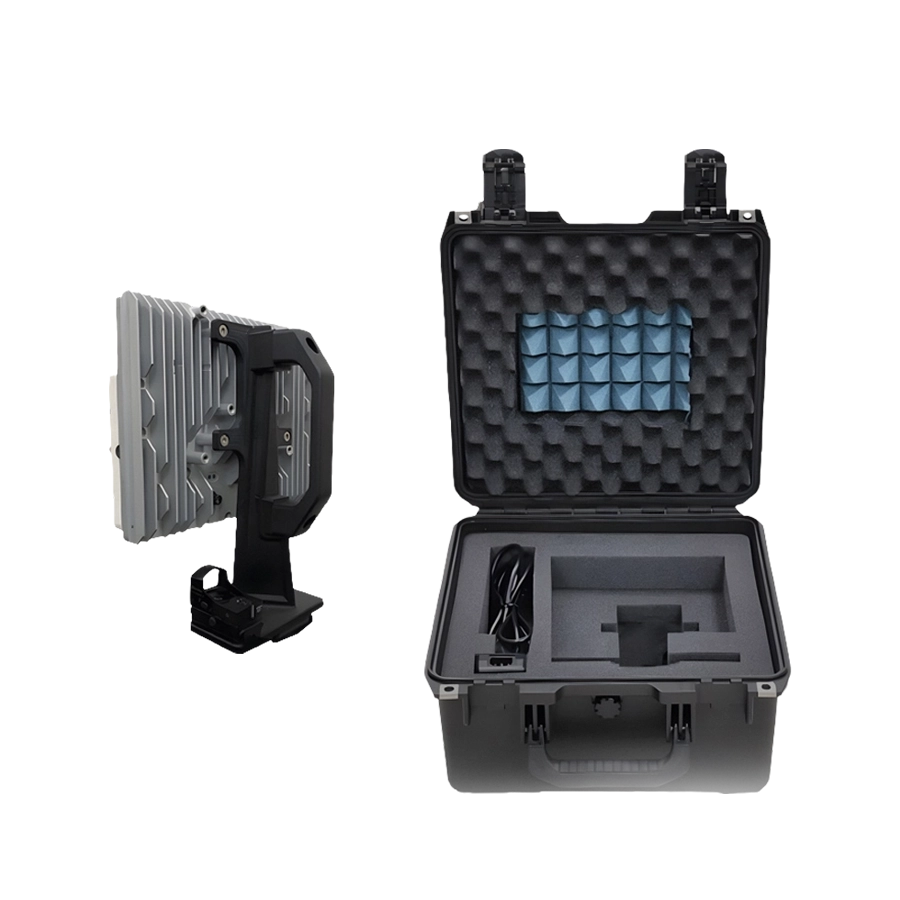 Portable black case with foam interior and a separated metallic device with handle on the side.