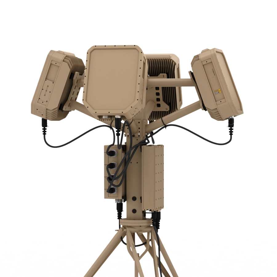 Beige tripod-mounted Echoshield radar with three rectangular components and connected black cables.