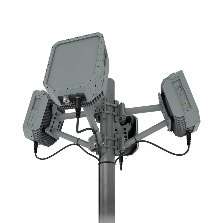 Close-up of three gray Echoshield radar mounted on a metal pole against a white background.