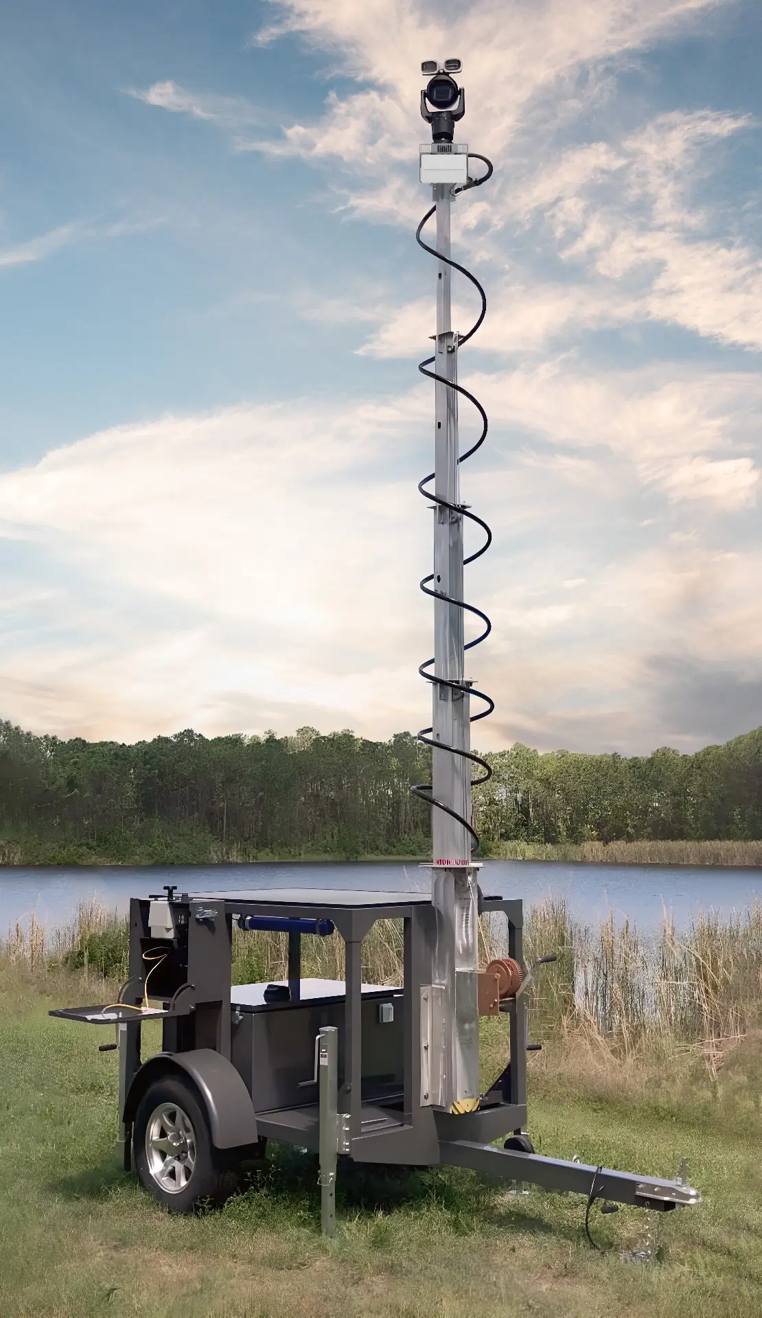 Mobile surveillance tower trailer with raised camera mast near a lake and trees under a partly cloudy sky.