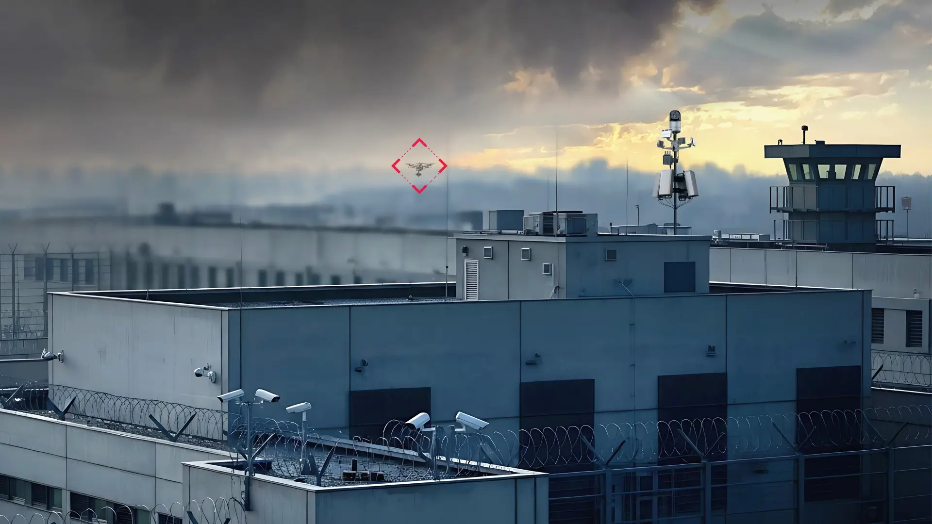 Security building with cameras and barbed wire fenced, drone marked by red targeting reticle in sky.