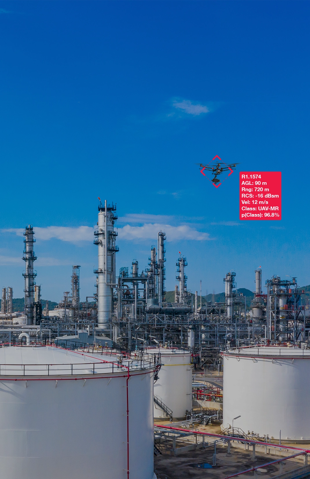 Drone flying over an oil refinery with data overlay showing altitude, speed, and classification.