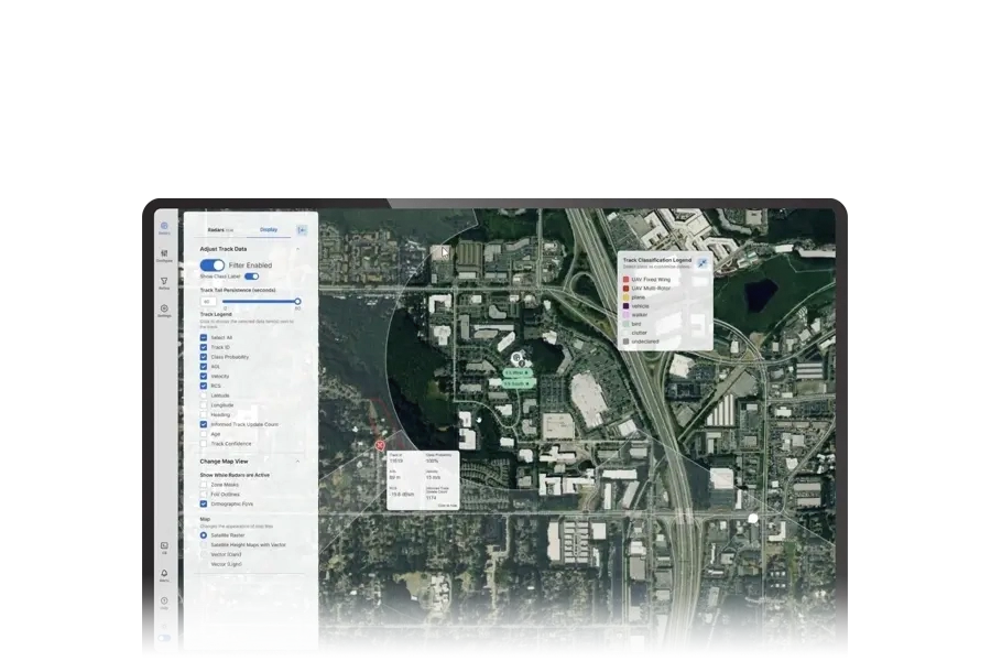 Satellite map with tracking data and classification legend displayed on the screen interface.