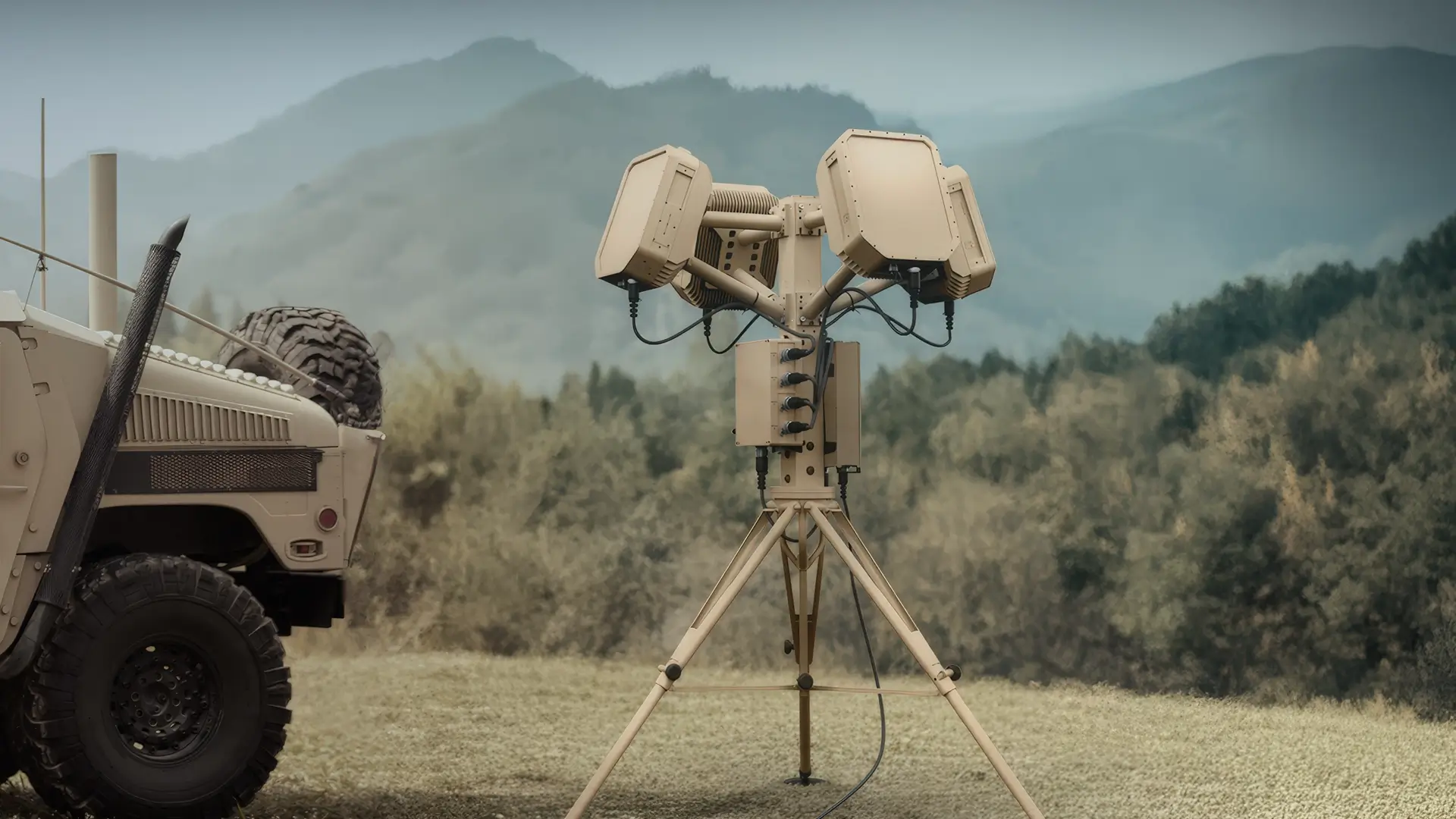 Military vehicle next to a tripod-mounted radar or sensor system in an outdoor setting with trees and mountains.