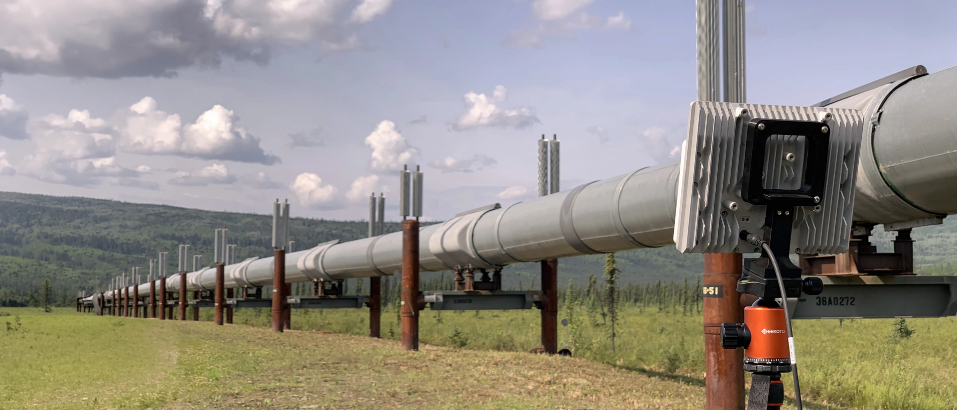 Long elevated pipeline stretching across green field with cloudy sky and hills in the background.