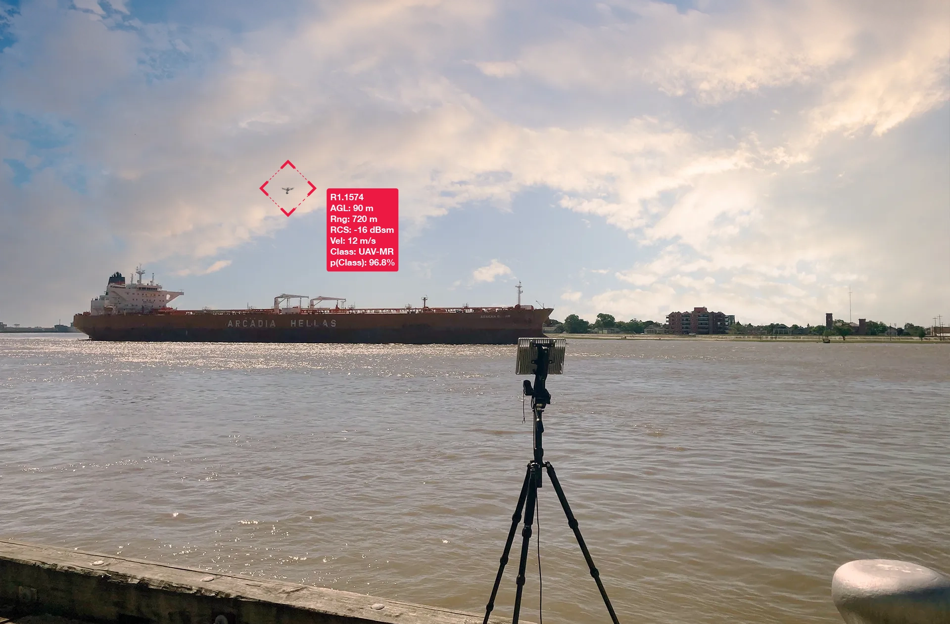 Drone detected above water near a large ship named Arcadia Hellas with tracking data displayed.