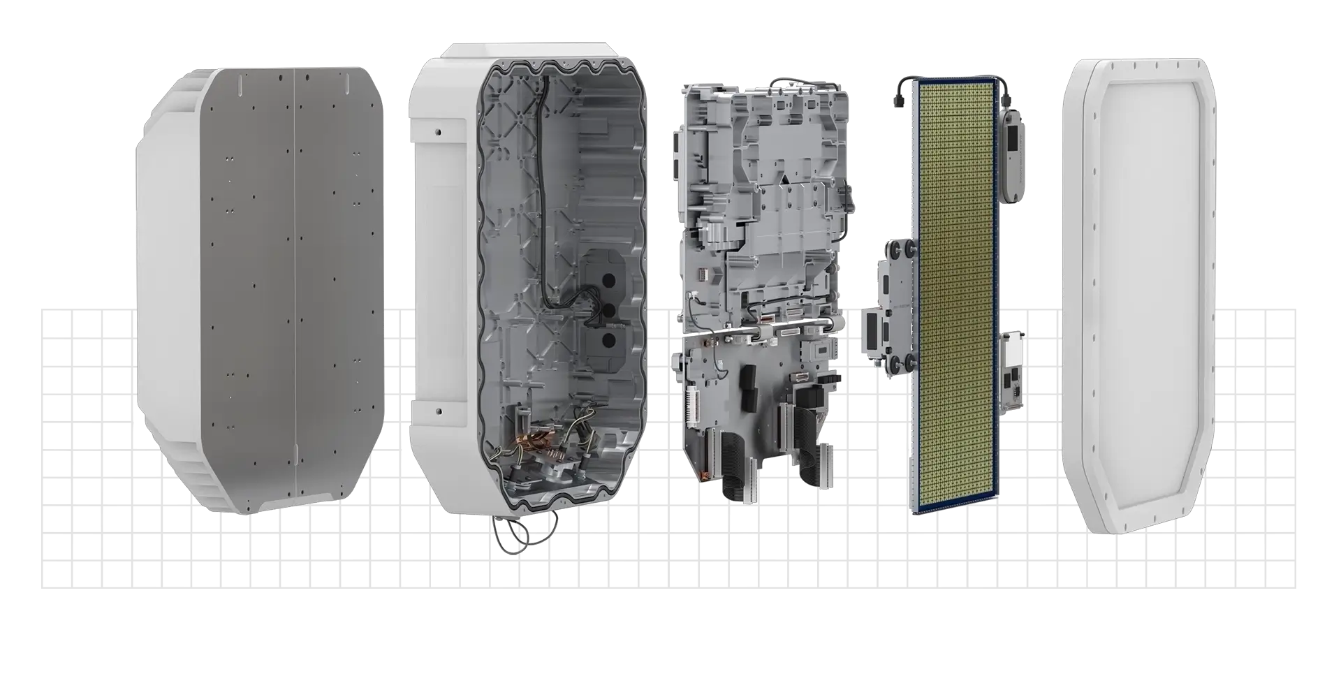 Exploded view of an Echoshield radar showing five separated internal components on a grid background.