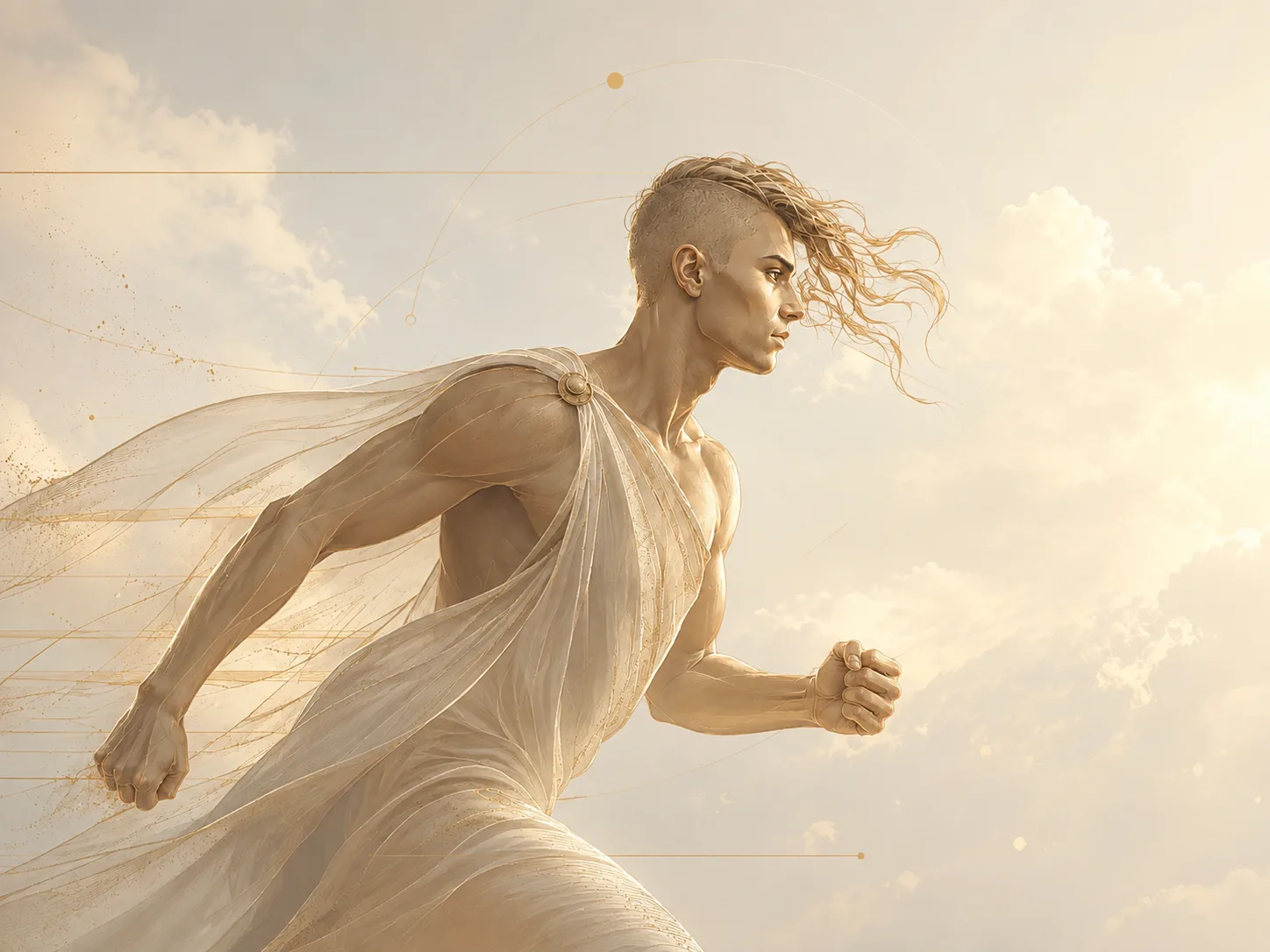 Kairos, the god of opportunity, moving forward in golden light