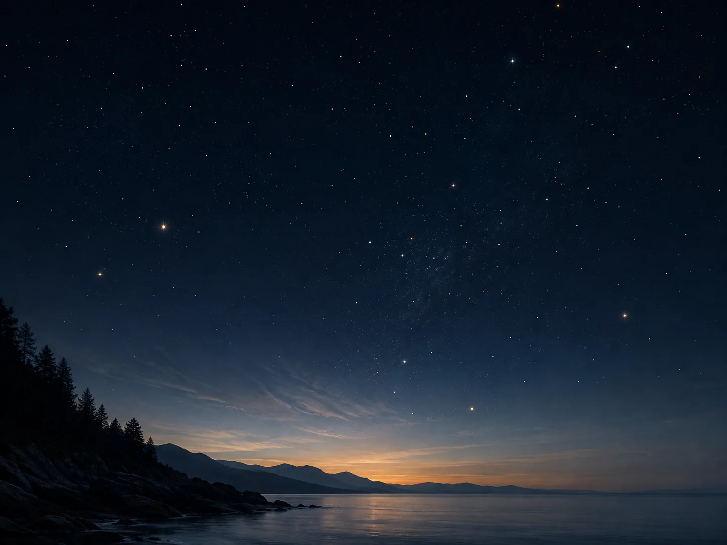 Star-filled twilight sky above a calm coastline