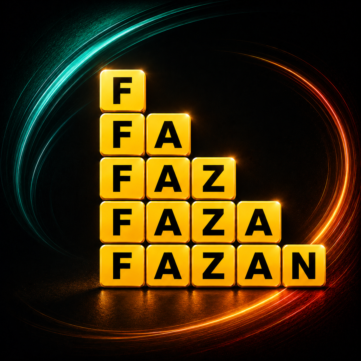 FAZAN letter tiles arranged in a pyramid with colored light trails